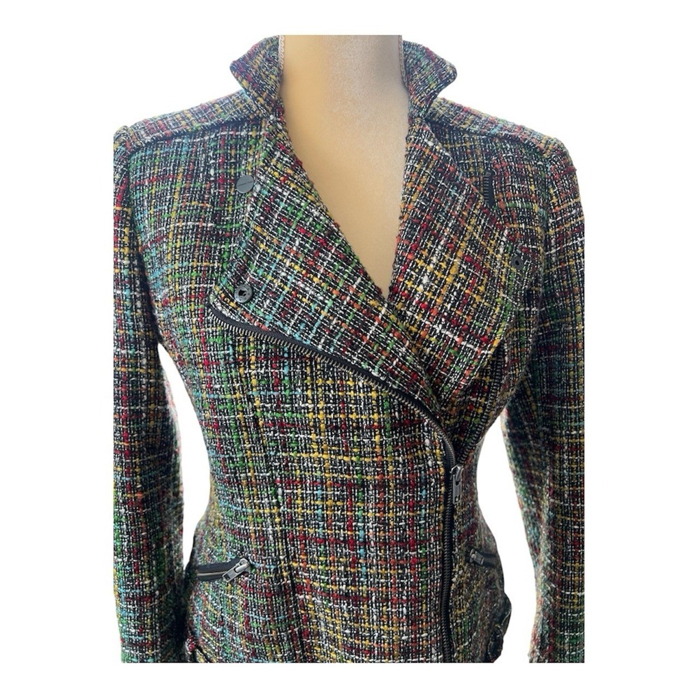 Coldwater Creek Shaped Multi Color Tweed Moto Jacket Rainbow Zip Front Size 6